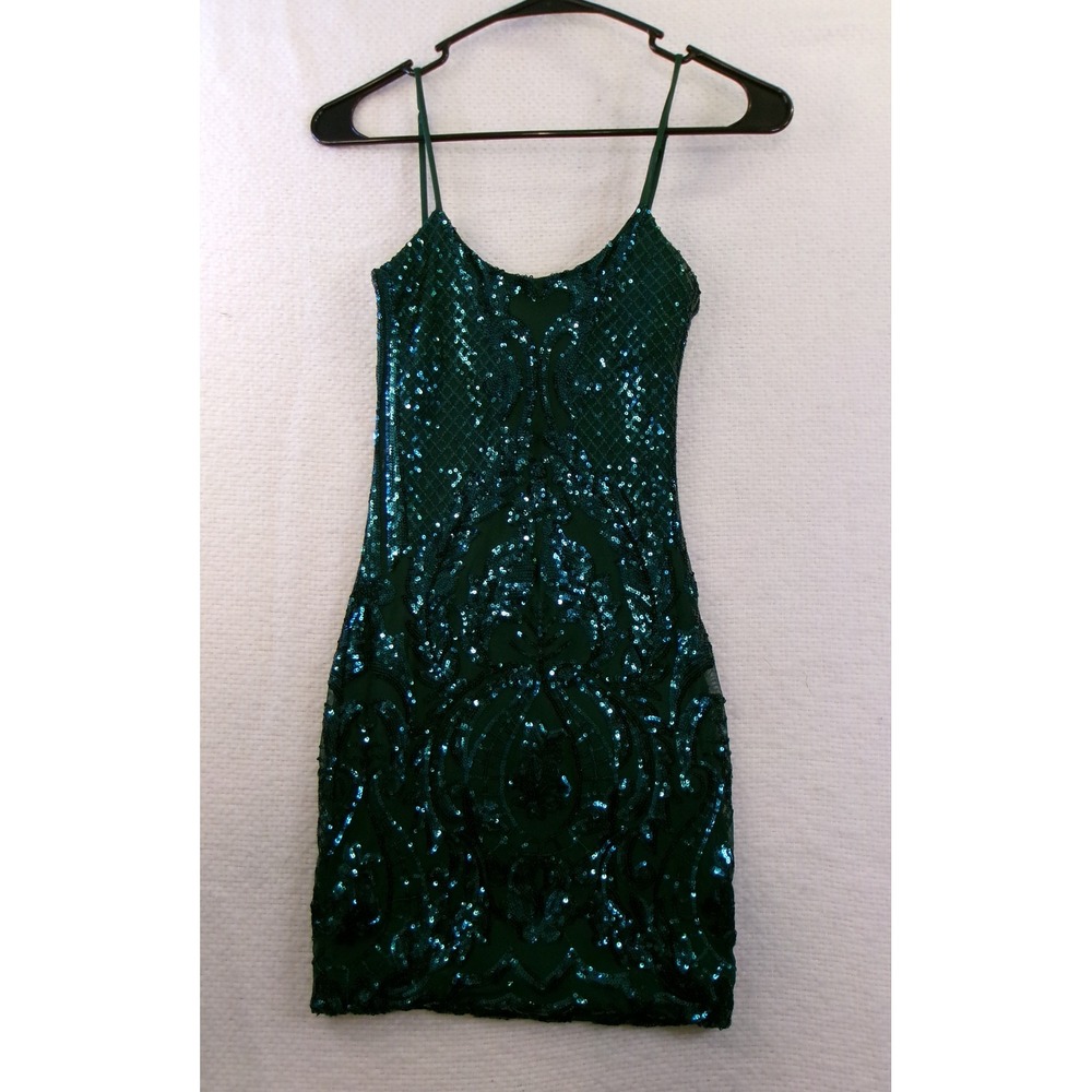 Lucy In The Sky Emerald Green Sequin Mini Dress XS Bodycon Spaghetti Strap Party